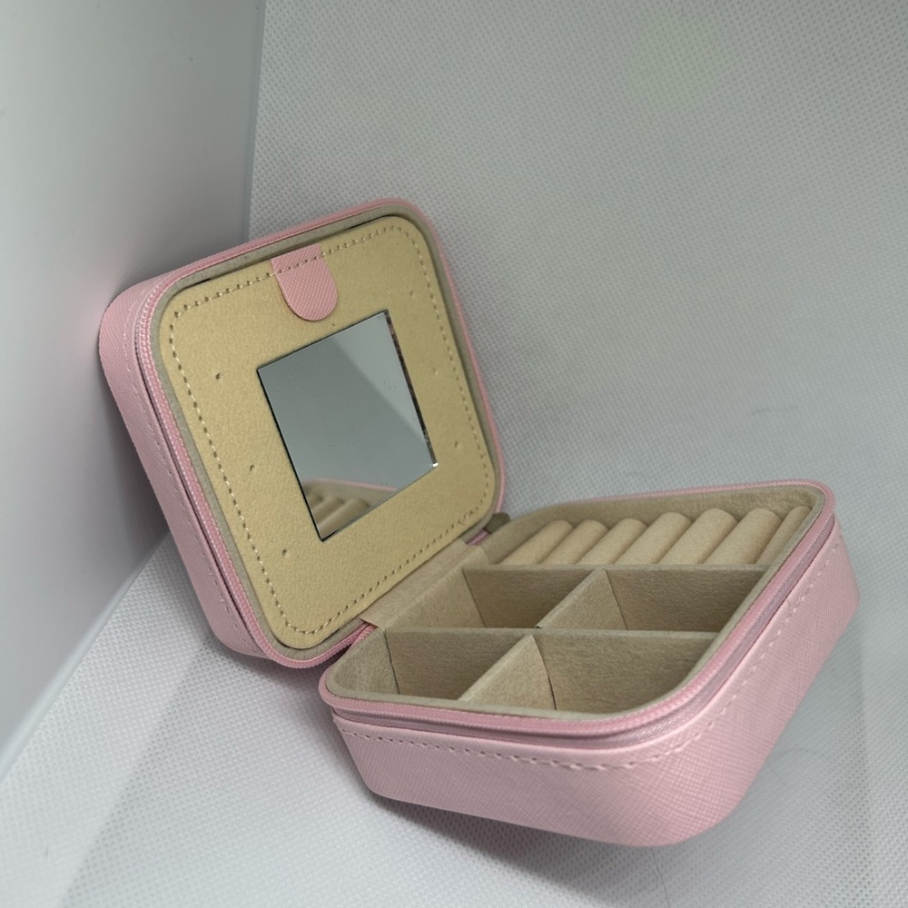 Pink Travel Jewelry Case Mini Square Faux Leather Organizer with Mirror